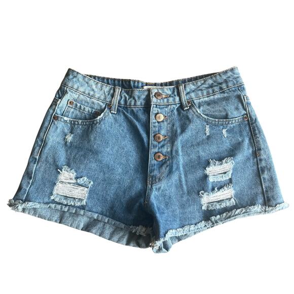 Forever 21 Light Wash Distressed Button Fly Jean Short Size 27 - Picture 1 of 6